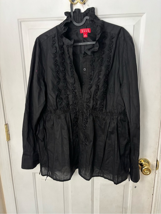 Elle Tops - ELLE Black Ruffle-Trim Peplum Button-Down Shirt